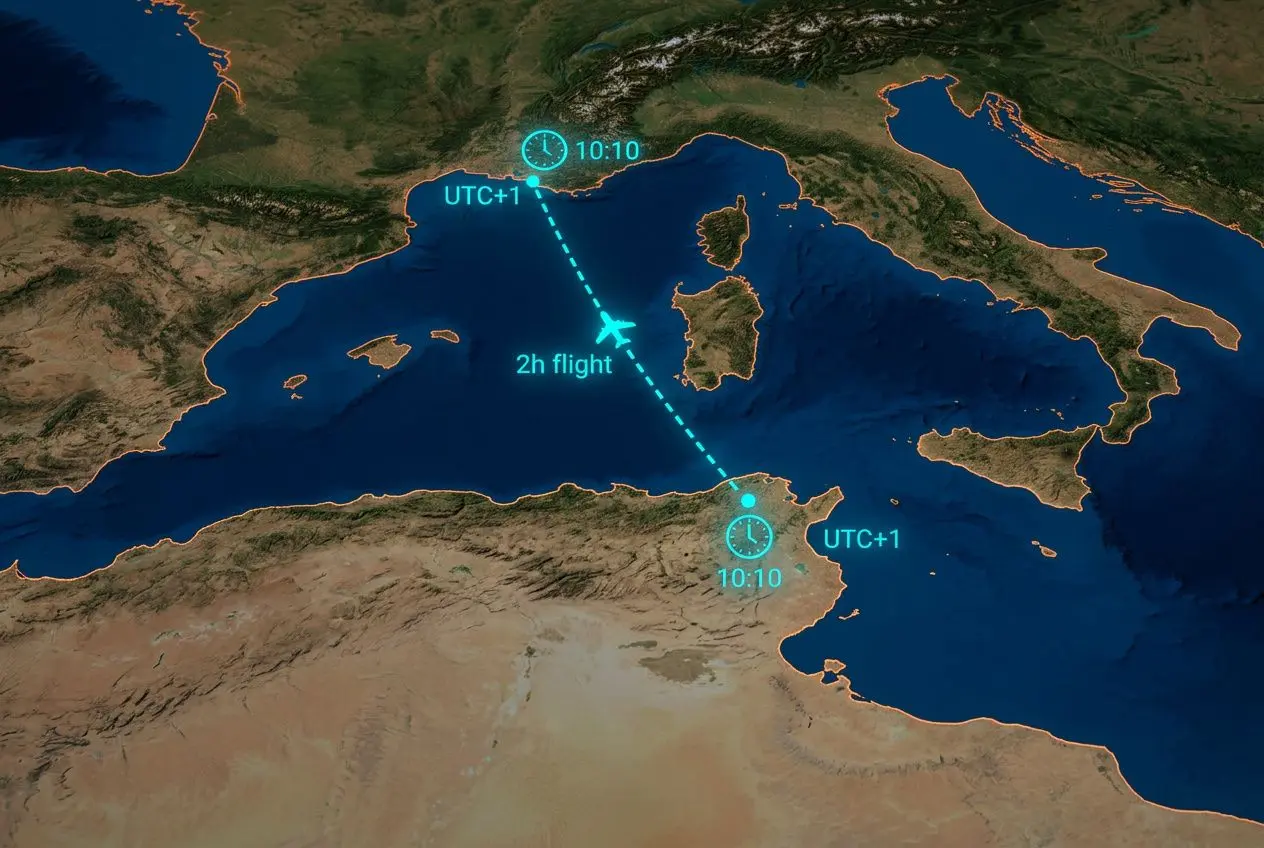 Chemin de vol illustrant une liaison nearshore entre la Tunisie et la France, affichant deux horloges UTC+1 et une flèche de trajet sur une carte méditerranéenne. Integrates ss2i tunisie france?