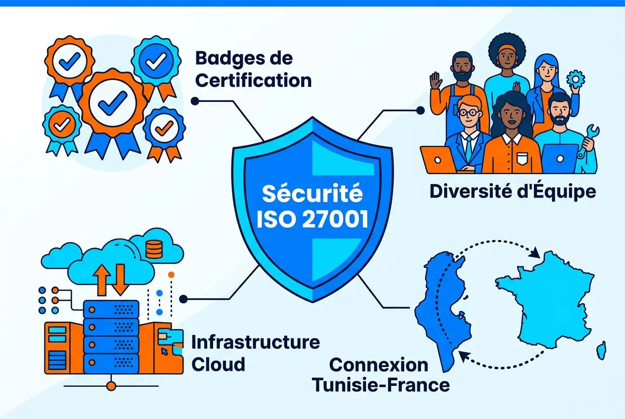 Consulting IT nearshore tunisie: diagramme montrant la sécurité ISO 27001, diversité d'équipe et connexion Tunisie-France autour d’un centre cloud et badges de certification.