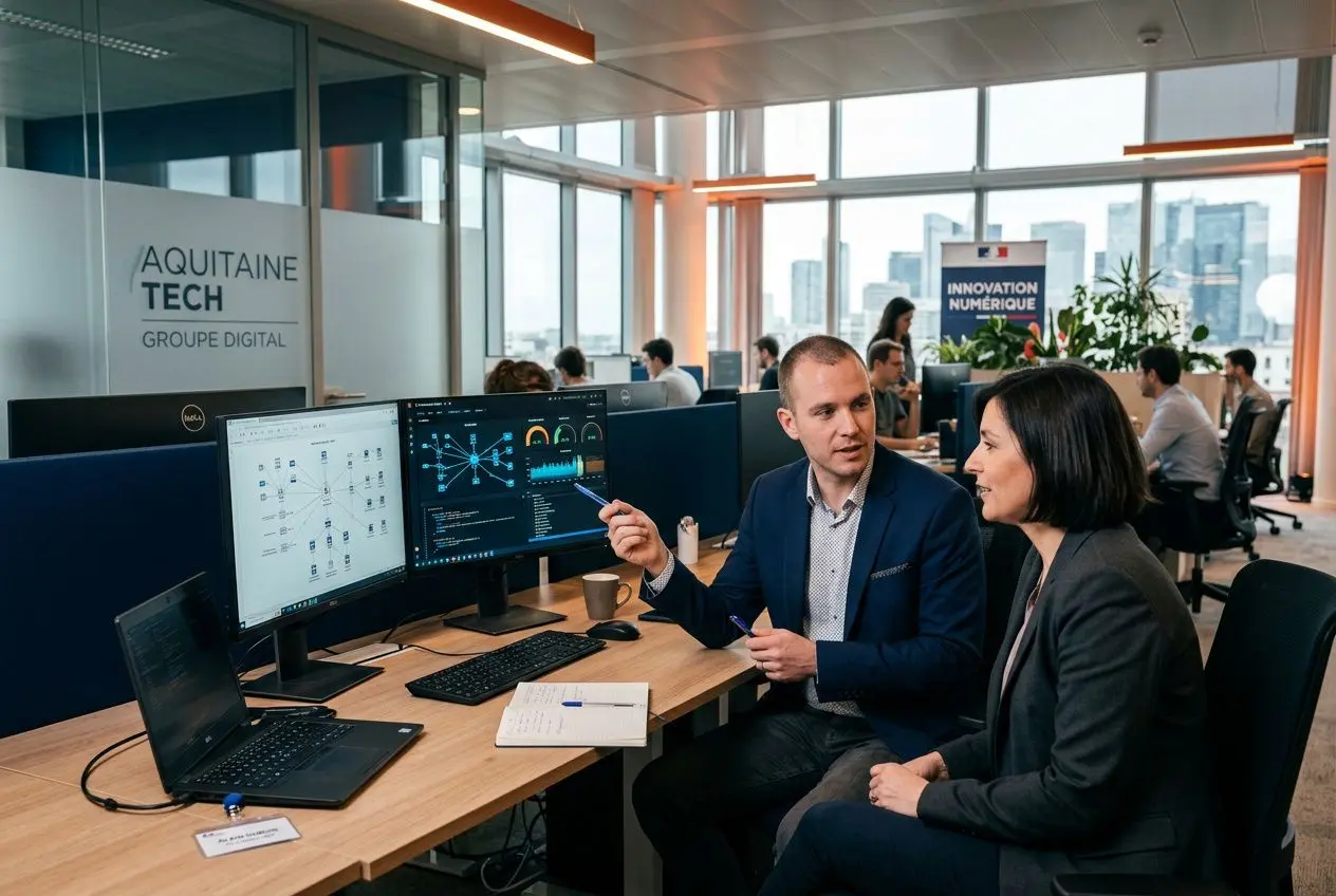 Deux professionnels discutent devant plusieurs écrans d’ordinateur dans un open space technologique, avec logo Aquitaine Tech en arrière-plan. avants-plan : échanges sur l’infogérance et les avantages de l’externalisation des services informatiques.