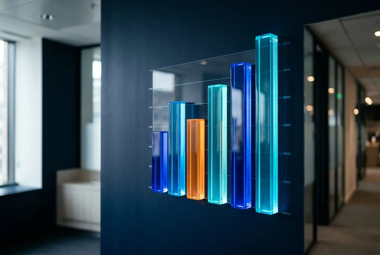 Diagramme coloré en 3D affiché sur un mur sombre, symbolisant la croissance et l’adoption de l’IA en entreprise. Adoption ia france.