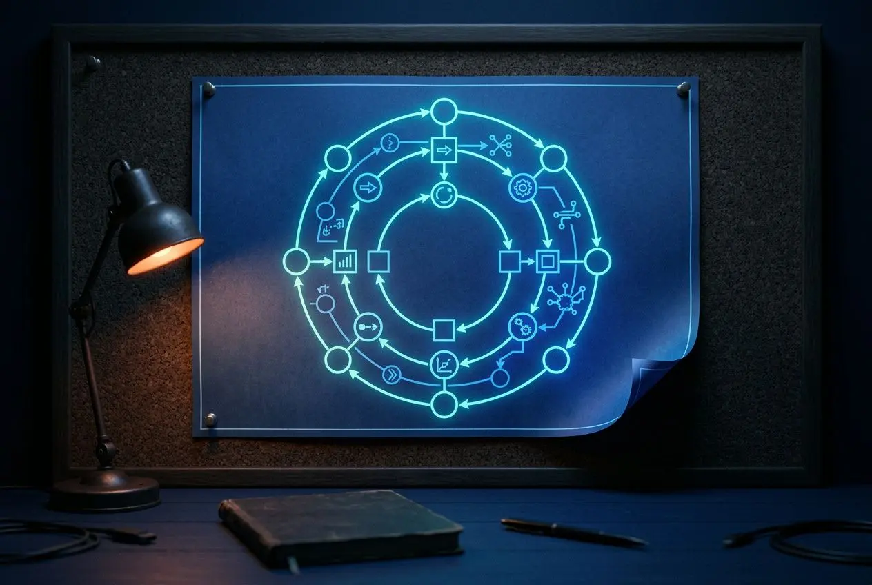 Diagramme lumineux d’un réseau d’agent IA pour entreprise sur une tablette rétro-éclairée, entourée de lampe et carnet.