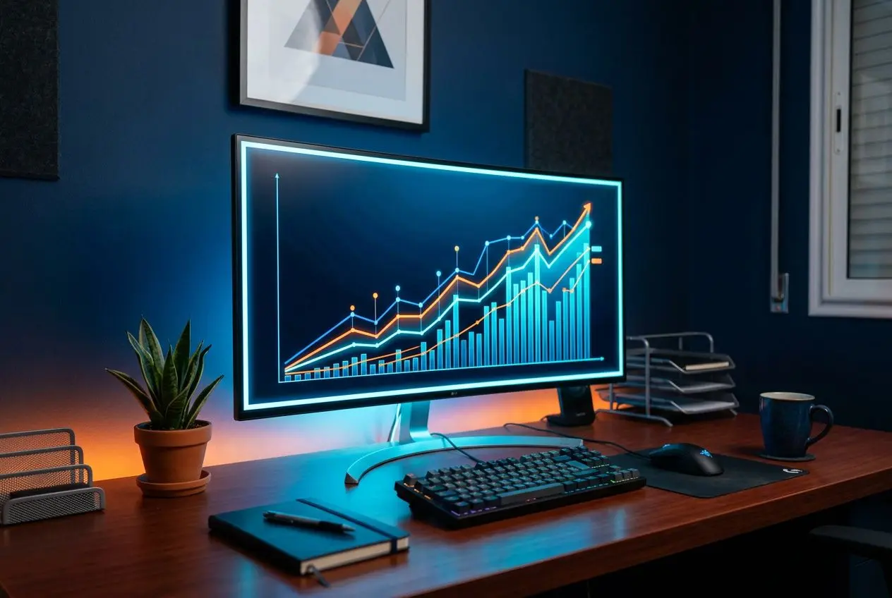 Écran d’ordinateur affichant des graphiques financiers sur un bureau, avec clavier, cahier et plante, ambiance bureau moderne. salaire d'un ingénieur en cybersécurité en tunisie