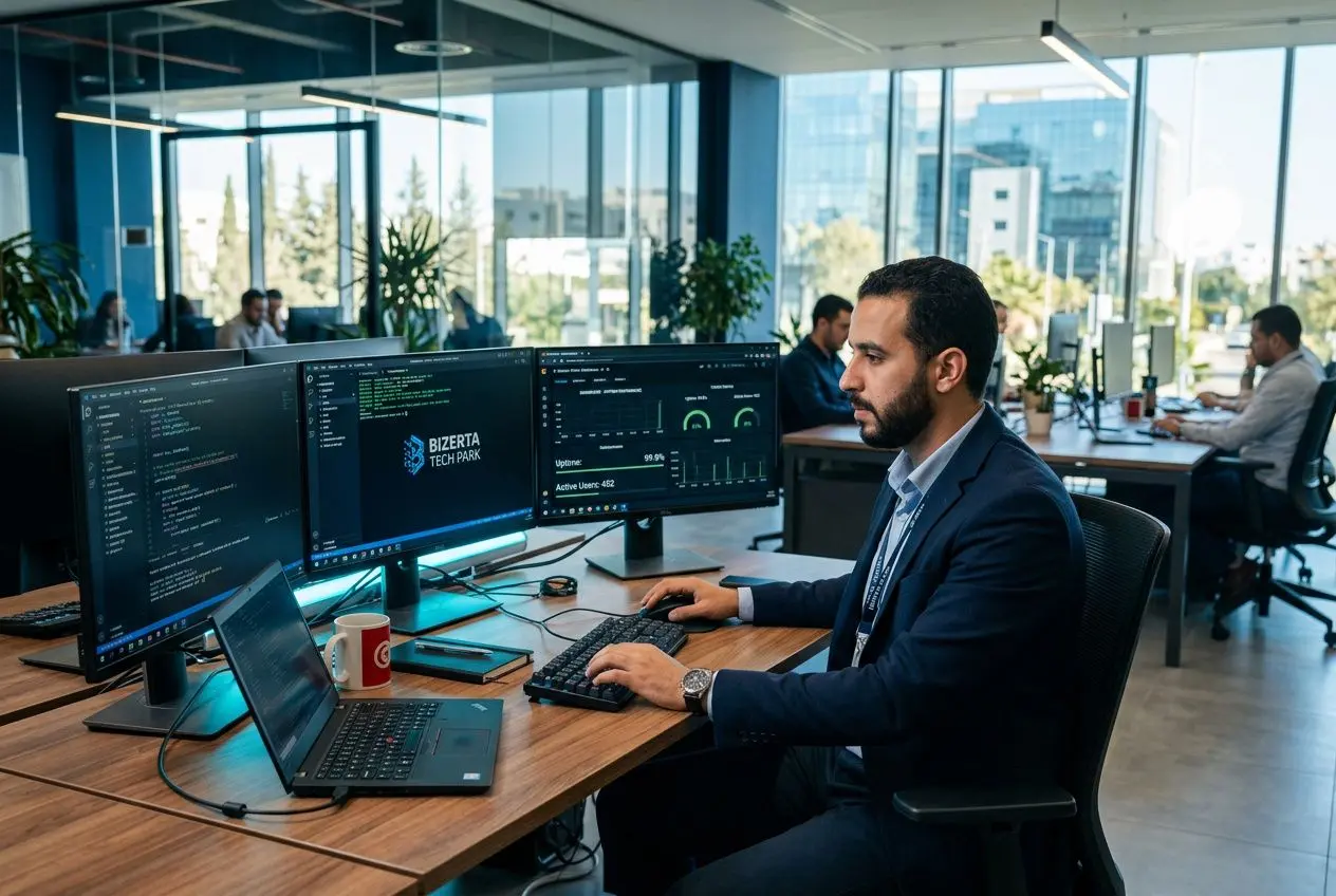 Homme d’affaires travaillant sur plusieurs écrans de code dans un open space, avec laptops et ambiance tech. Transformation numérique nearshore tunisie.