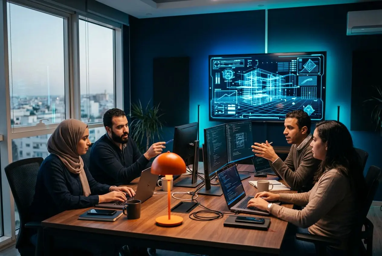 Quatre professionnels autour d’une table de travail en open space, écrans affichant des graphiques et code, ambiance illuminated par un lampadaire orange. ssii tunisie recrutement.