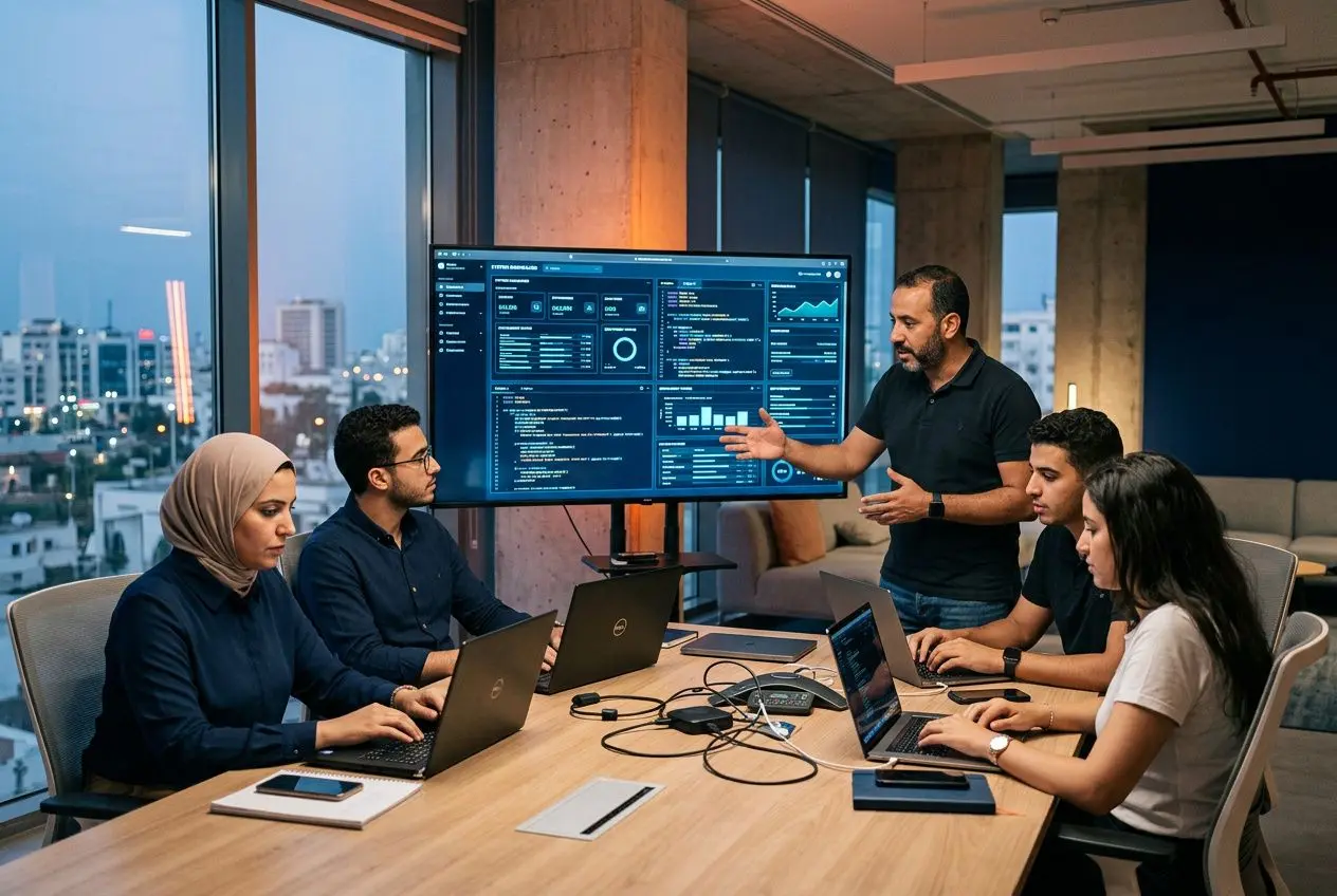 Réunion d’équipe en consulting IT nearshore tunisie: professionnels autour d’un écran montrant des données et graphiques, échanges et laptops.