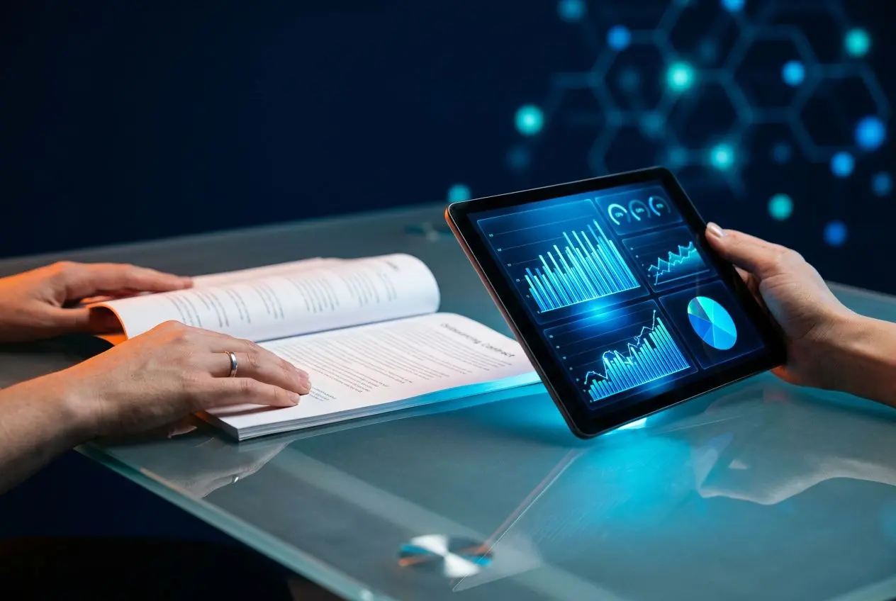 Réunion sur l’outsourcing offshor: mains tenant un tablet affichant des graphiques près d’un document sur une table.