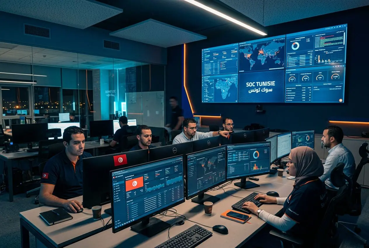 Salle de cybersécurité nearshore en Tunisie avec plusieurs opérateurs devant des écrans affichant des données et une carte du monde, illustration de cybersécurité nearshore tunisie cout.