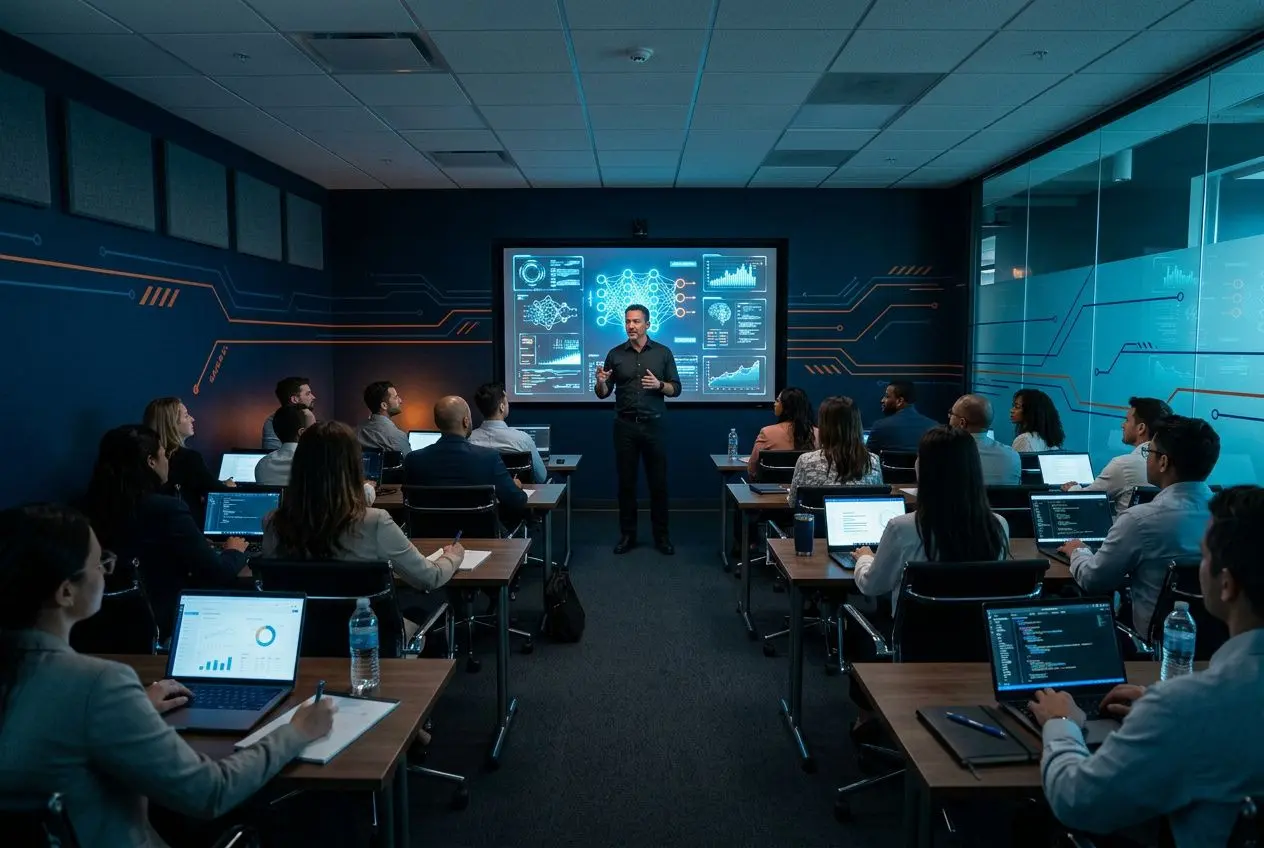 Salle de formation professionnelle avec présentateur devant écran affichant des données sur l’IA, participants en laptops. adoption de lia en entreprise présents.
