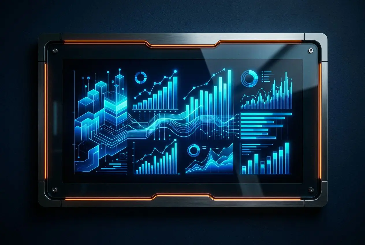 Tablette ou écran tactile affichant des graphiques et données en bleu, évoquant l’analyse des données et l’IA en entreprise.