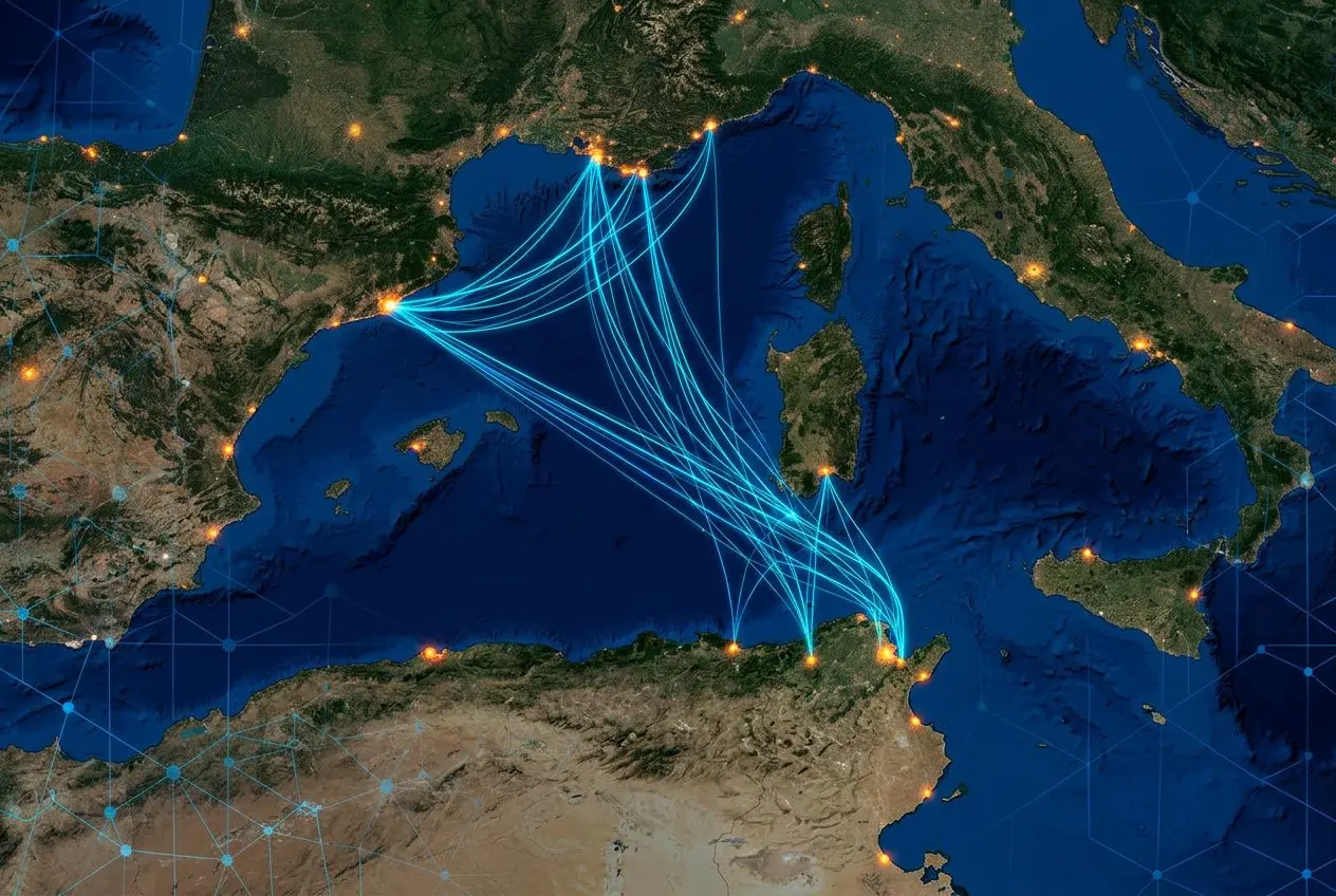 Trajectoires de connexion reliant la Tunisie à l’Europe, symbolisant le nearshore IT et IA en Tunisie avec des lignes lumineuses au-dessus de la mer. ta et ia nearshore tunisie
