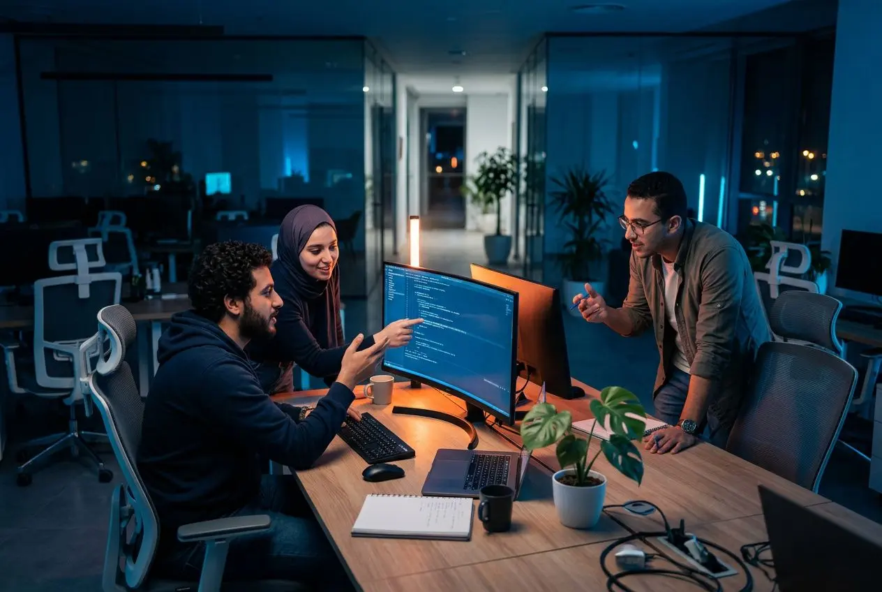 Trois professionnels autour d’un poste informatique en open space, échange autour de l’écran de code, ambiance bureau nocturne. centré sur les centres de services tunisie nearshore.